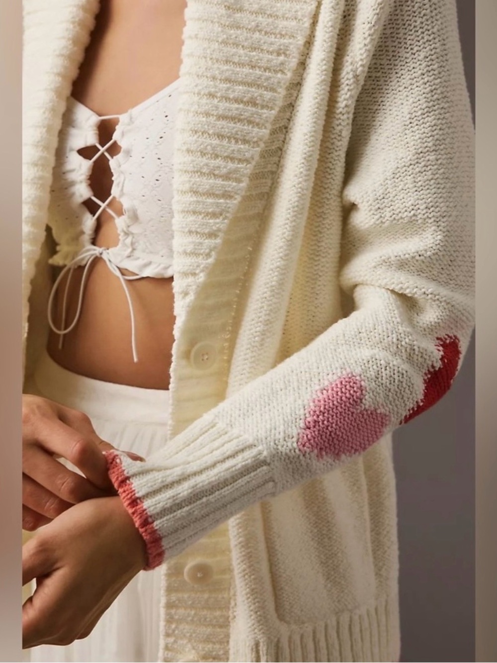 Anthropologie Maeve Heart Cardigan Sweater, Cream / Pink / Red, XSP - Picture 5 of 9